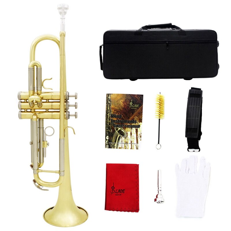 Slade Trumpet Bb B Flat Durable Brass Trumpet Beginner Musical Instrument with Mouthpiece Gloves and Exquisite Gig Bag