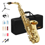 AS-Ⅱ Student Alto Saxophone E Flat Gold Lacquer Alto Sax Full Kit With Carrying Sax Case Mouthpiece Straps Reeds Stand Cork